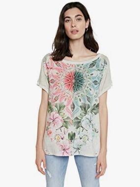 DESIGUAL | Copenhagen Beige Tee with Pink & Green Floral Mandala